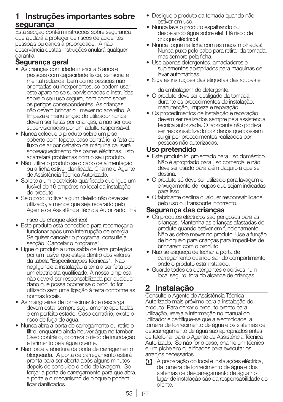 1 instruções importantes sobre segurança, 2 instalação, Segurança geral | Uso pretendido, Segurança das crianças | Blomberg WNF 7241 WE20 User Manual | Page 53 / 68