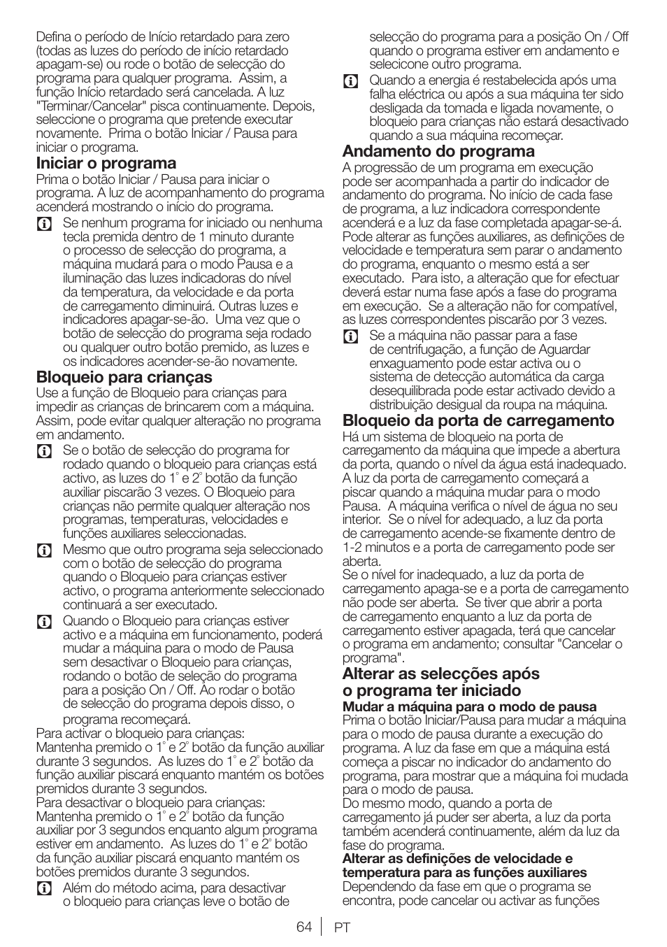Iniciar o programa, Bloqueio para crianças, Andamento do programa | Bloqueio da porta de carregamento, Alterar as selecções após o programa ter iniciado | Blomberg WNF 7241 WE20 User Manual | Page 64 / 68