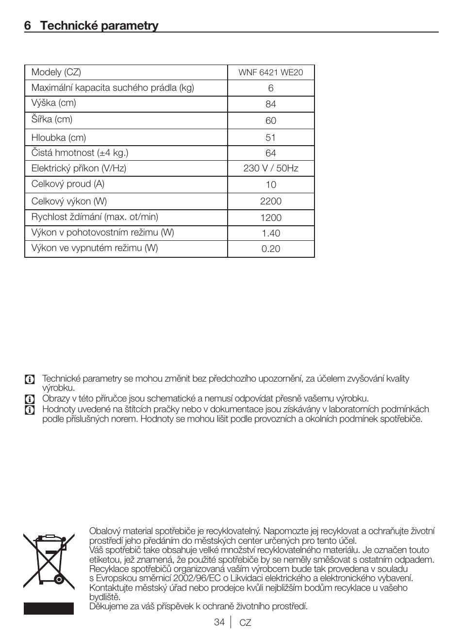 6 technické parametry | Blomberg WNF 6421 WE20 User Manual | Page 34 / 71