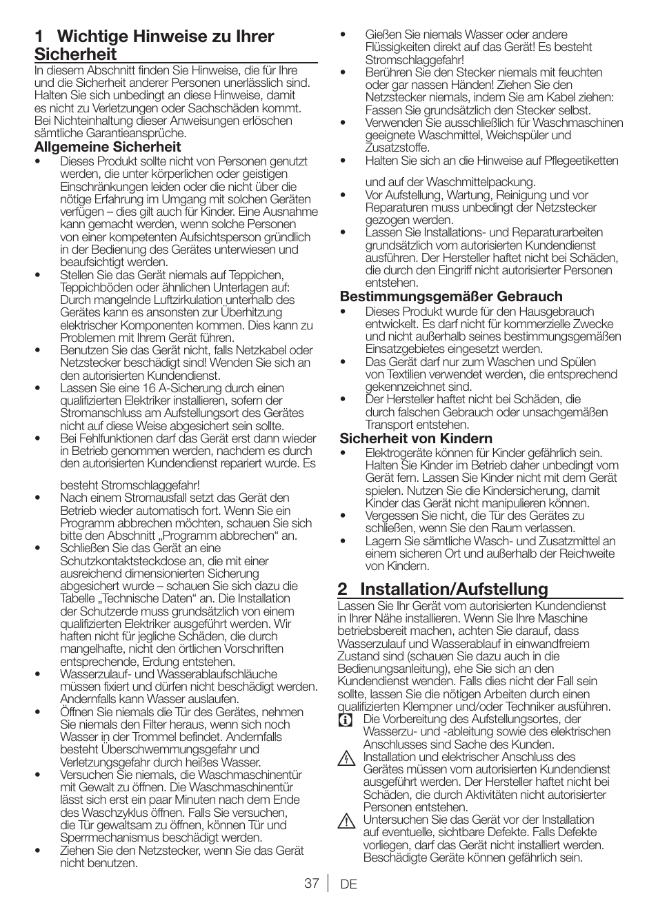 1 wichtige hinweise zu ihrer sicherheit, 2 installation/aufstellung | Blomberg WNF 6421 WE20 User Manual | Page 37 / 71