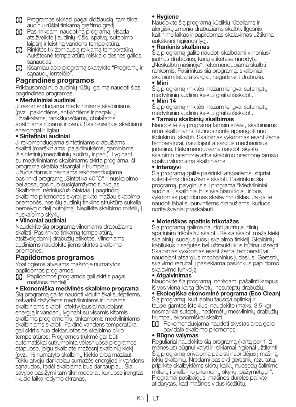 Pagrindinės programos, Papildomos programos | Blomberg WNF 6421 WE20 User Manual | Page 63 / 71