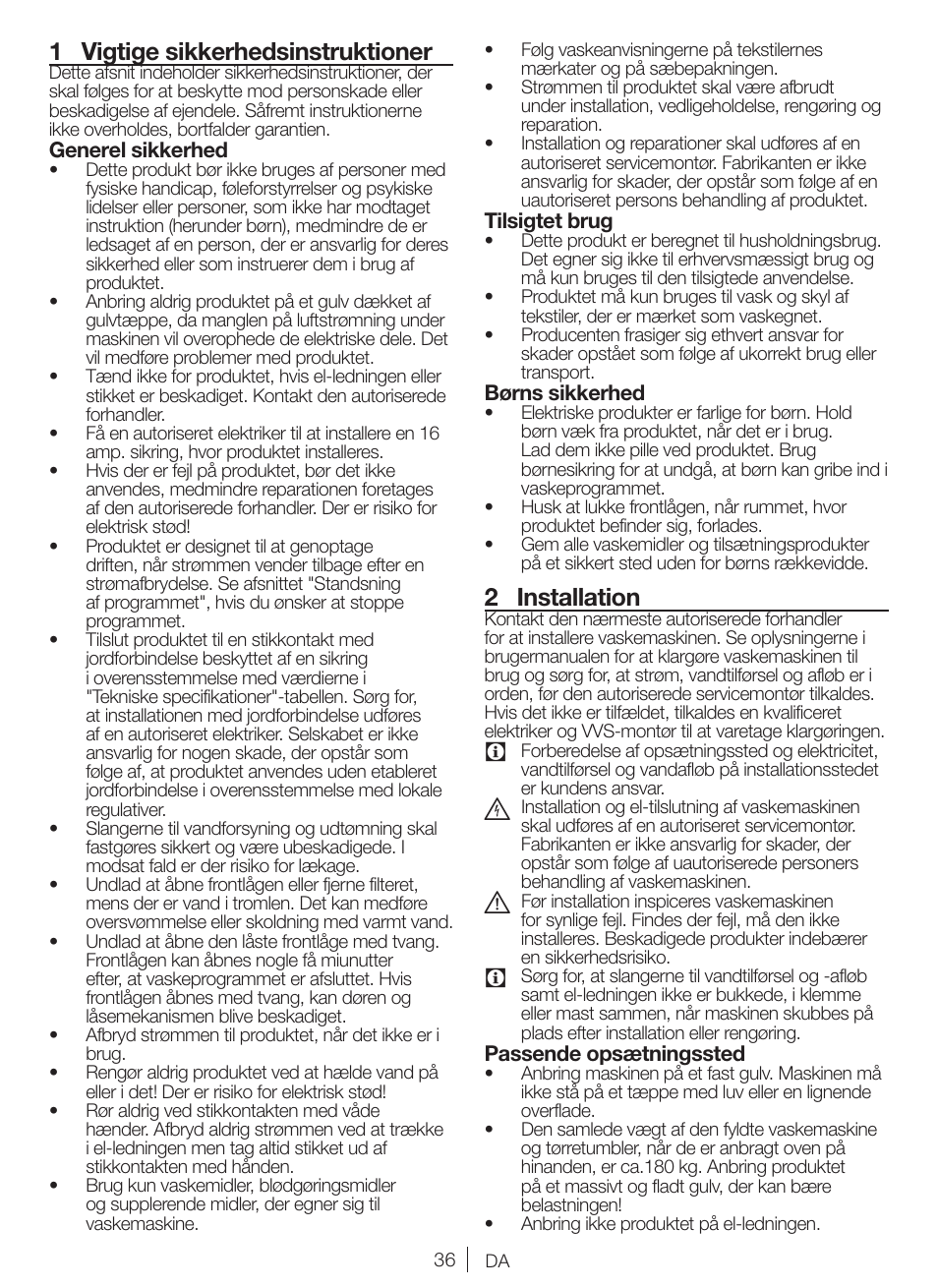 1 vigtige sikkerhedsinstruktioner, 2 installation | Blomberg WNF 6341 AE20 User Manual | Page 36 / 68