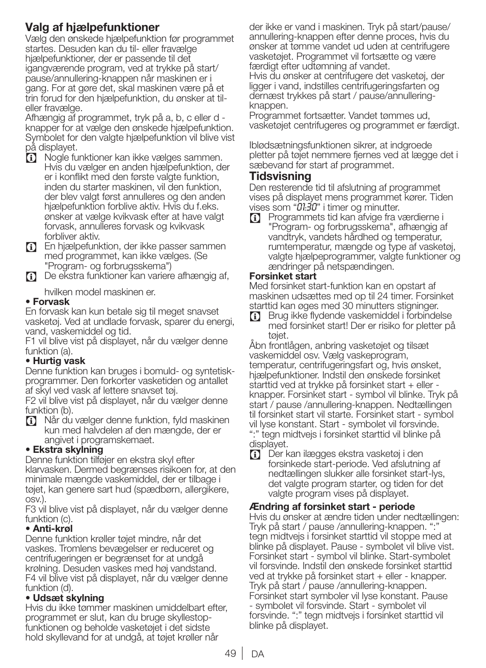 Valg af hjælpefunktioner, Tidsvisning | Blomberg WNF 8422 AQE20 User Manual | Page 49 / 71