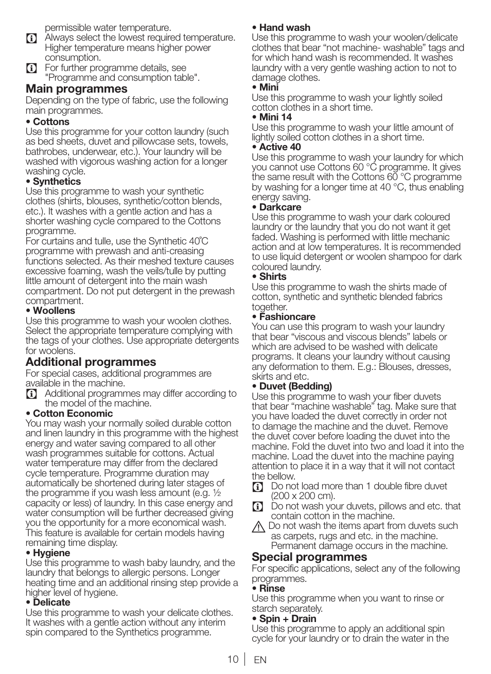 Main programmes, Additional programmes, Special programmes | Blomberg WNF 8427 AE30 User Manual | Page 10 / 71