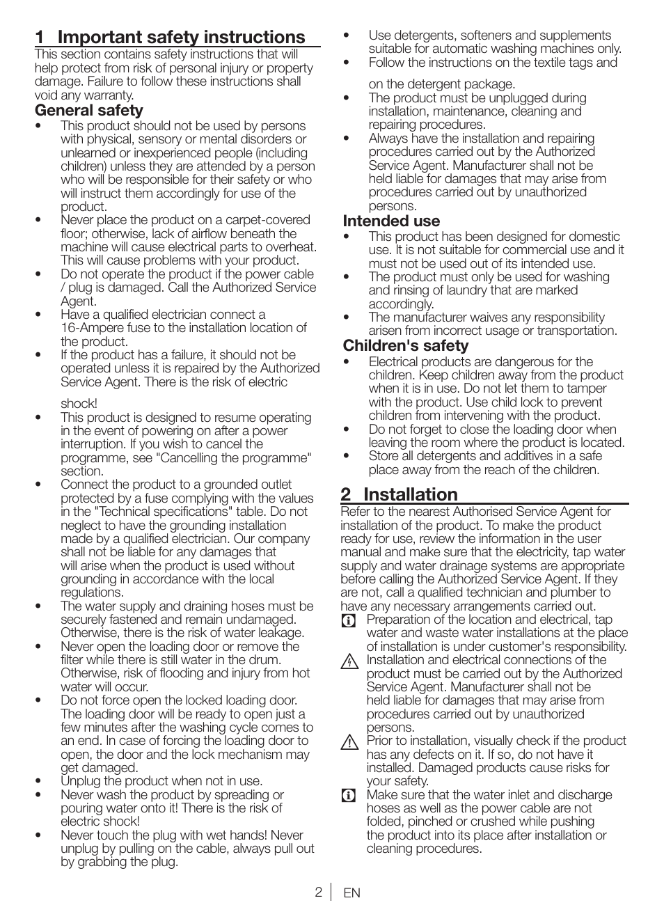 1 important safety instructions, 2 installation, General safety | Intended use, Children's safety | Blomberg WNF 8427 AE30 User Manual | Page 2 / 71
