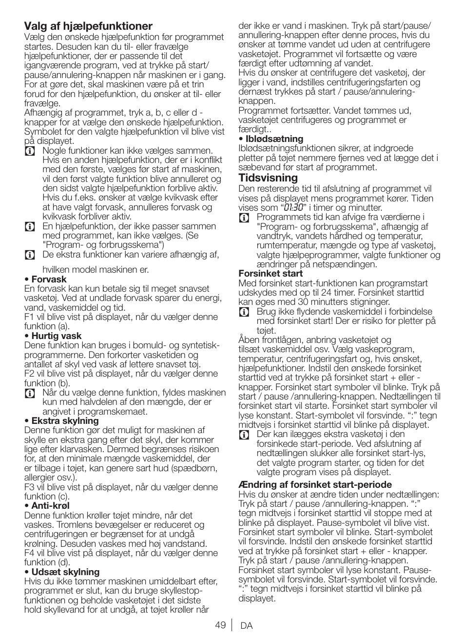 Valg af hjælpefunktioner, Tidsvisning | Blomberg WNF 8427 AE30 User Manual | Page 49 / 71