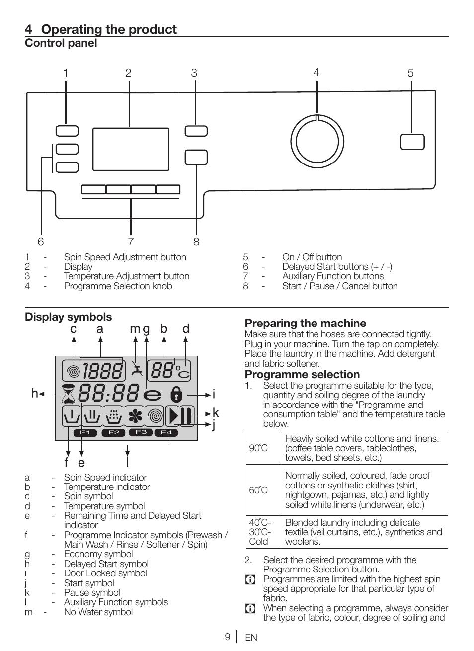 4 operating the product, Control panel, Display symbols | Preparing the machine, Programme selection | Blomberg WNF 8427 AE30 User Manual | Page 9 / 71