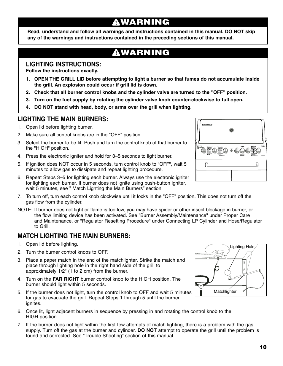 Warning, Lighting instructions, Lighting the main burners | Match lighting the main burners | Brinkmann 4685 User Manual | Page 11 / 36