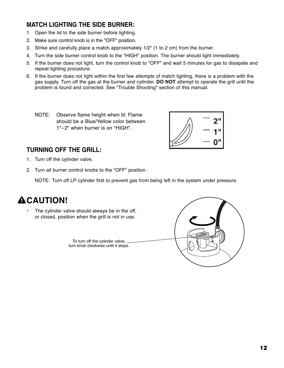 Caution, Match lighting the side burner, Turning off the grill | Brinkmann 4685 User Manual | Page 13 / 36