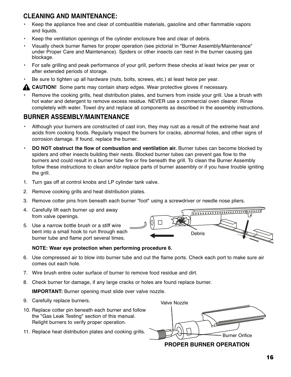 Burner assembly/maintenance, Cleaning and maintenance | Brinkmann 4685 User Manual | Page 17 / 36