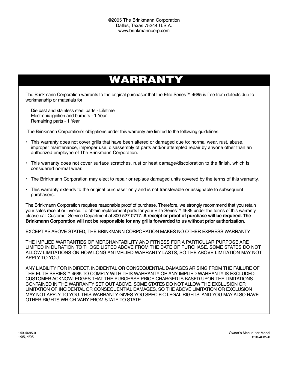 Warranty | Brinkmann 4685 User Manual | Page 36 / 36