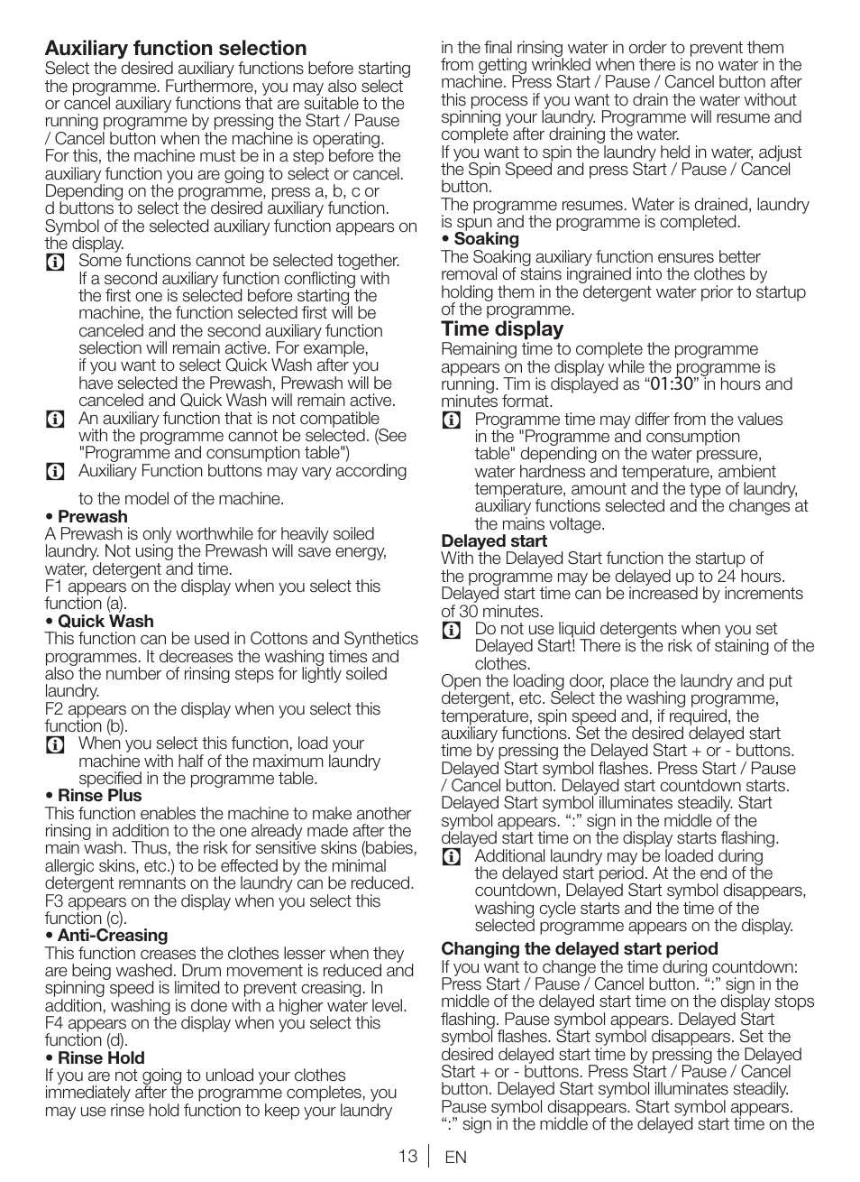 Auxiliary function selection, Time display | Blomberg WNF 8427 ACE 40 User Manual | Page 13 / 71