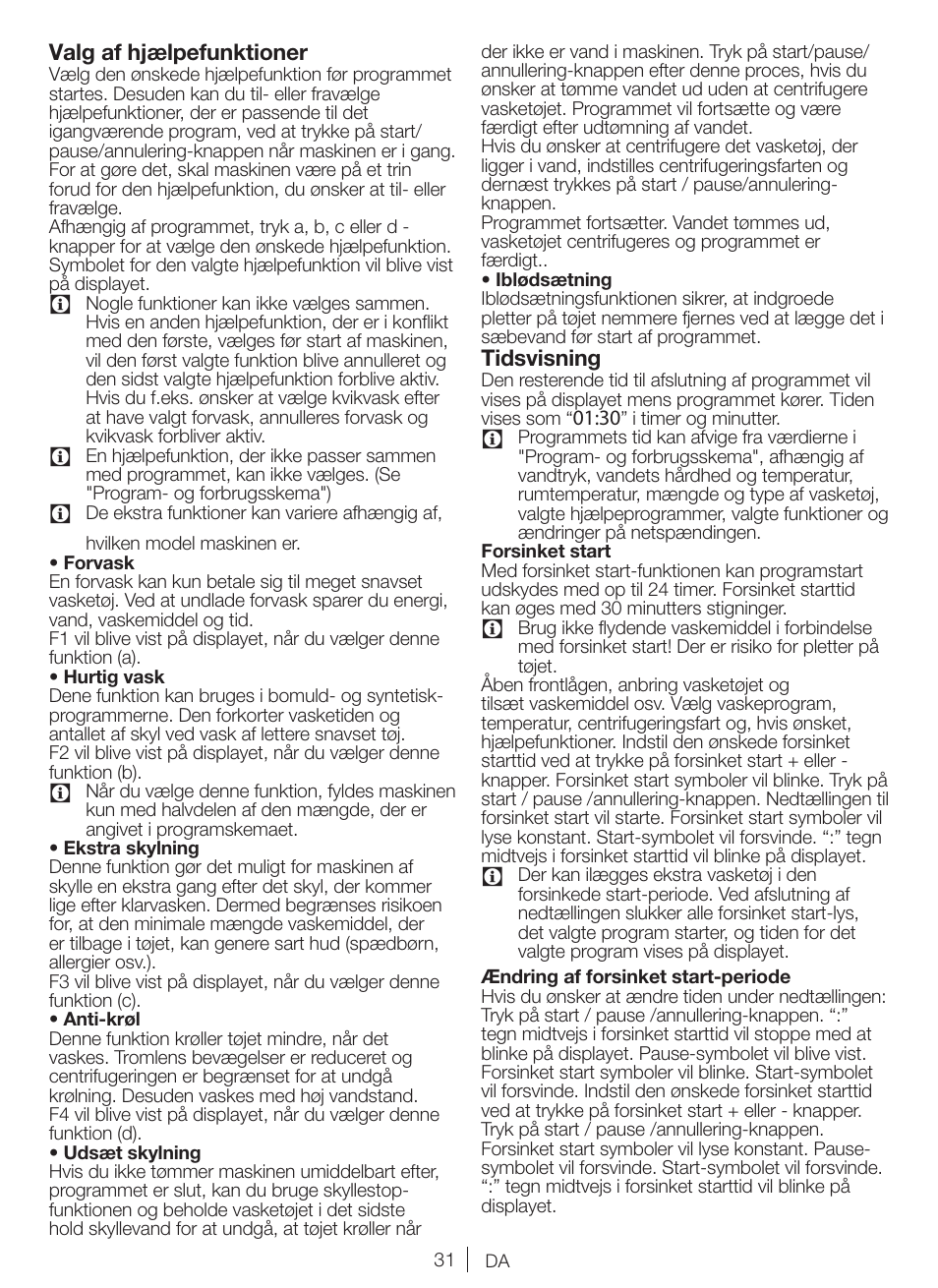 Valg af hjælpefunktioner, Tidsvisning | Blomberg WNF 8427 ACE 40 User Manual | Page 31 / 71