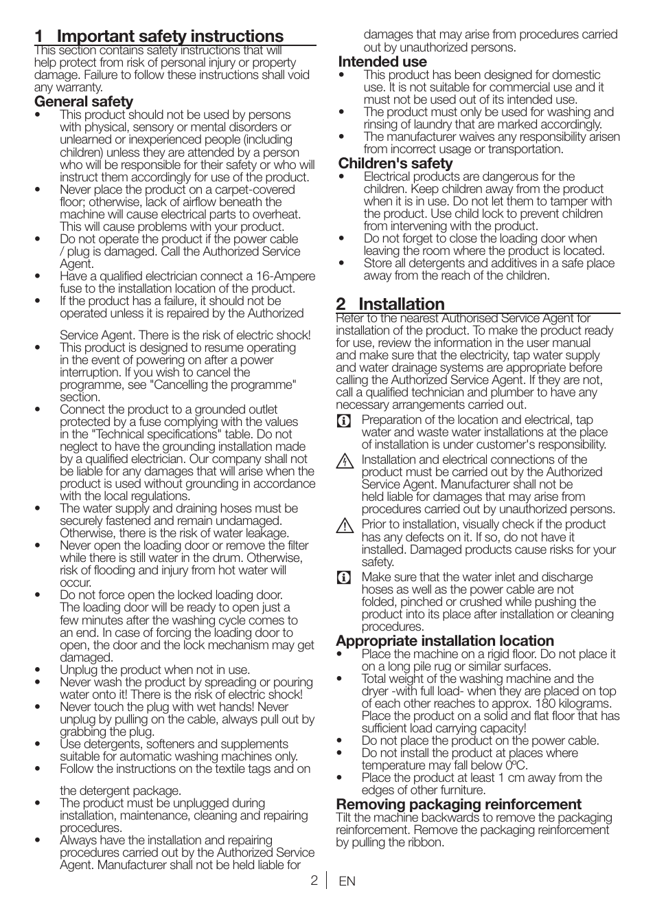 1 important safety instructions, 2 installation | Blomberg WNF 9447 ACE20 User Manual | Page 2 / 70