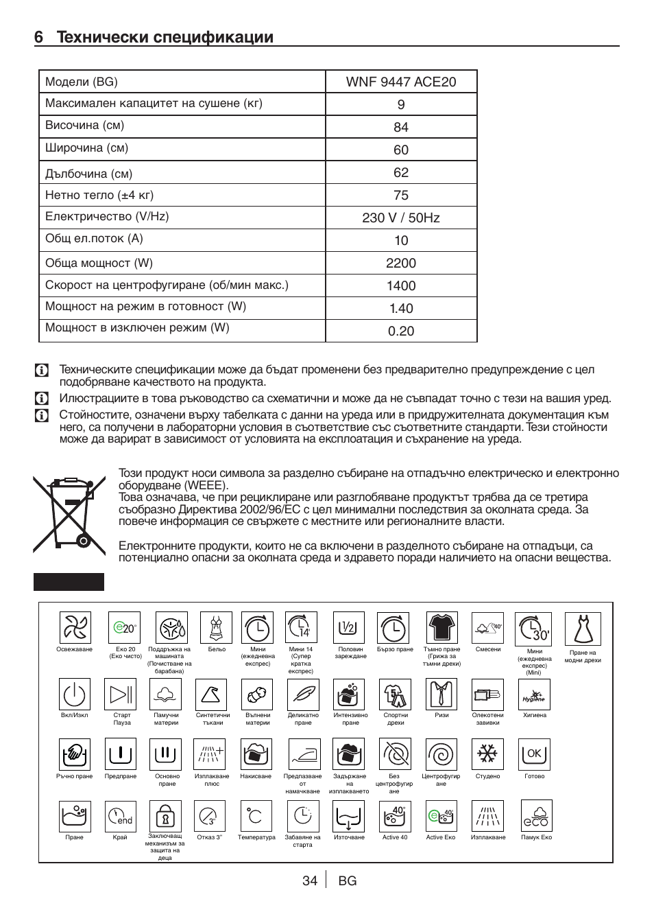 6 технически спецификации | Blomberg WNF 9447 ACE20 User Manual | Page 34 / 70