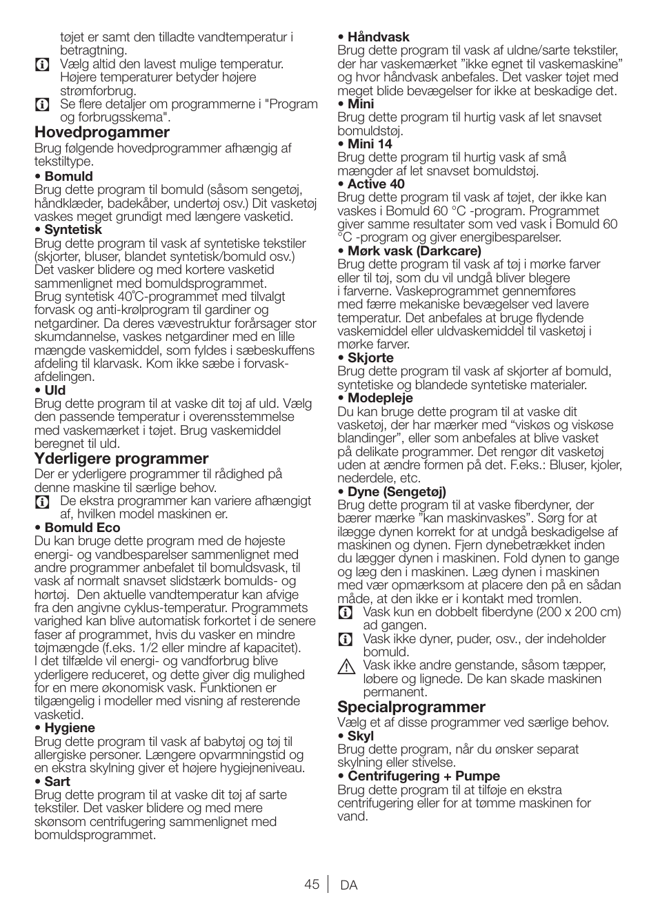 Hovedprogammer, Yderligere programmer, Specialprogrammer | Blomberg WNF 9447 ACE20 User Manual | Page 45 / 70