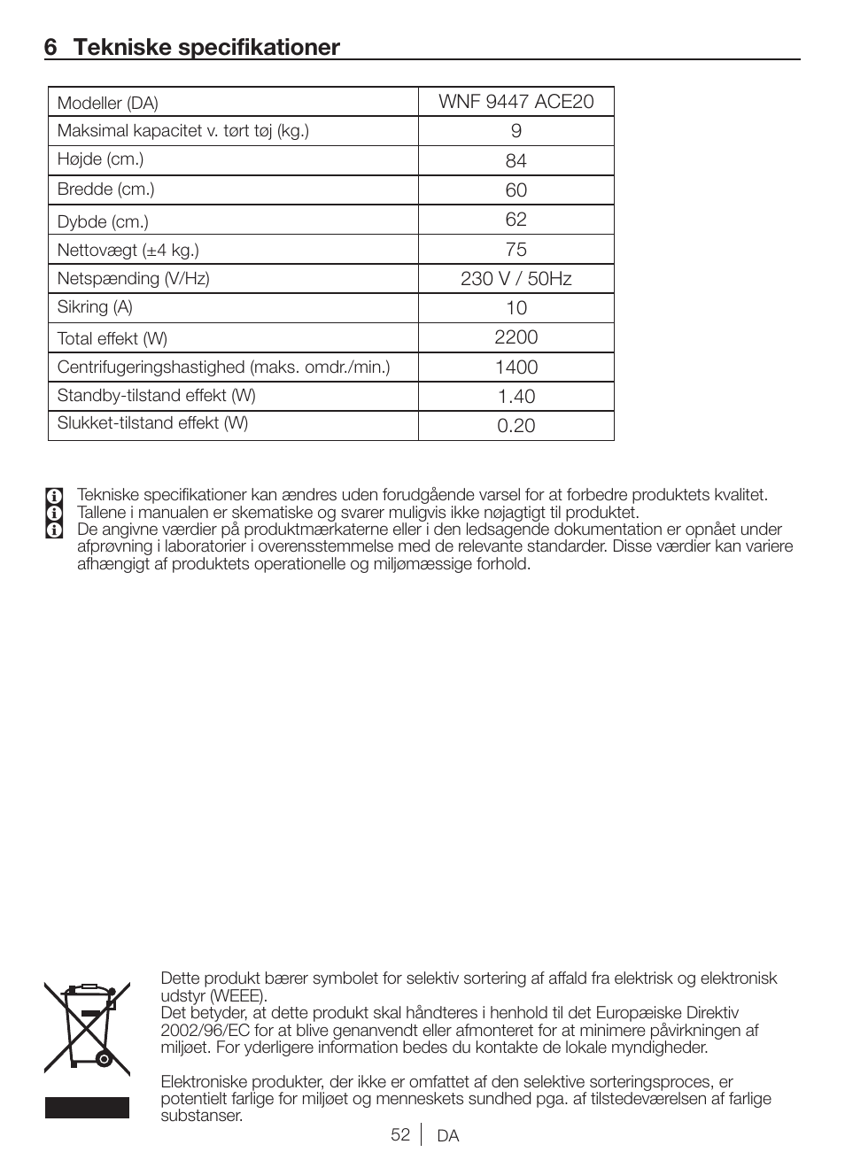 6 tekniske specifikationer | Blomberg WNF 9447 ACE20 User Manual | Page 52 / 70