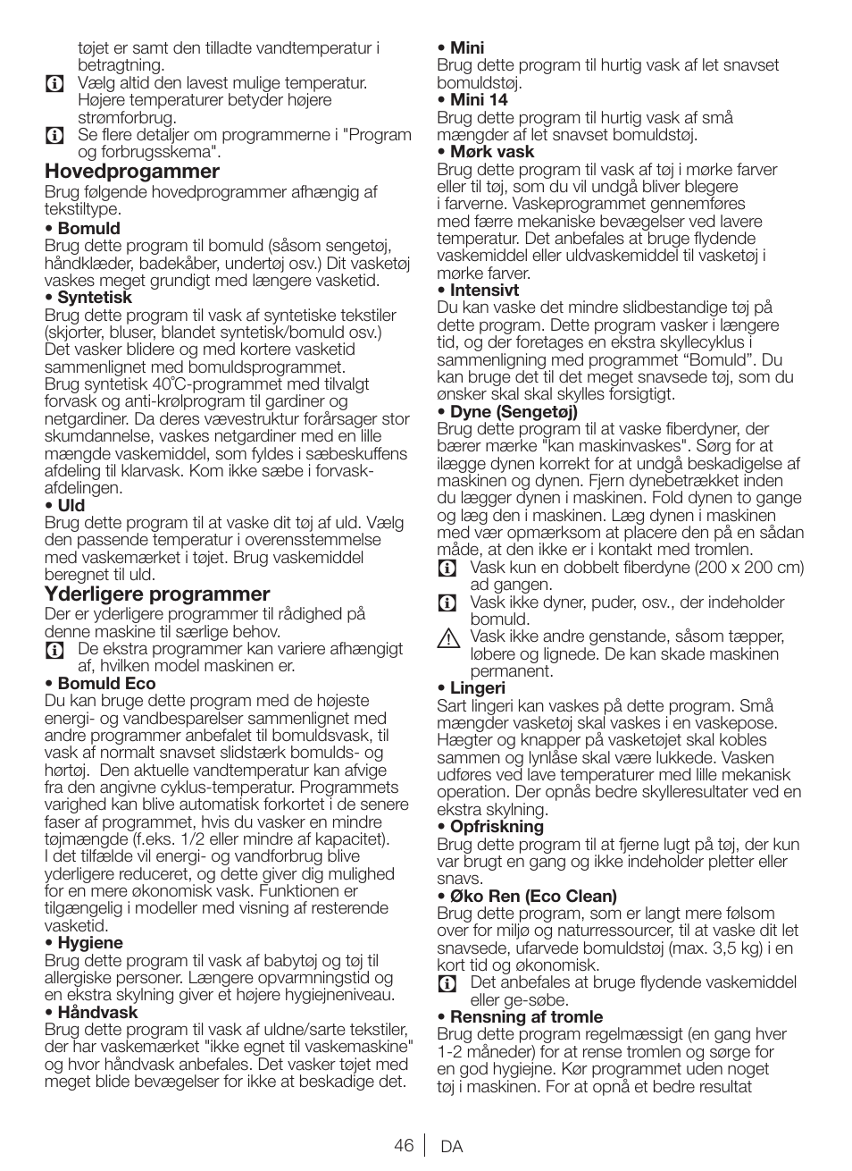 Hovedprogammer, Yderligere programmer | Blomberg WNF 8424 AE30 User Manual | Page 46 / 71