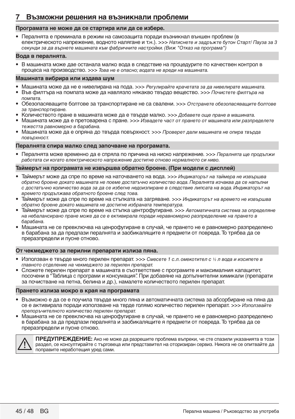 7 възможни решения на възникнали проблеми | Blomberg WMF 9649 WZE30 User Manual | Page 45 / 48