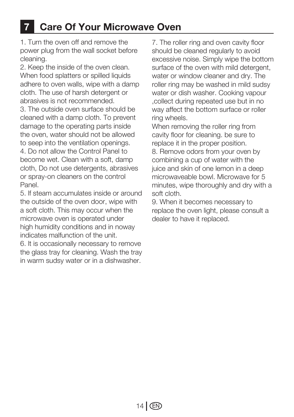 7care of your microwave oven | Blomberg MEE 2150 X User Manual | Page 14 / 14