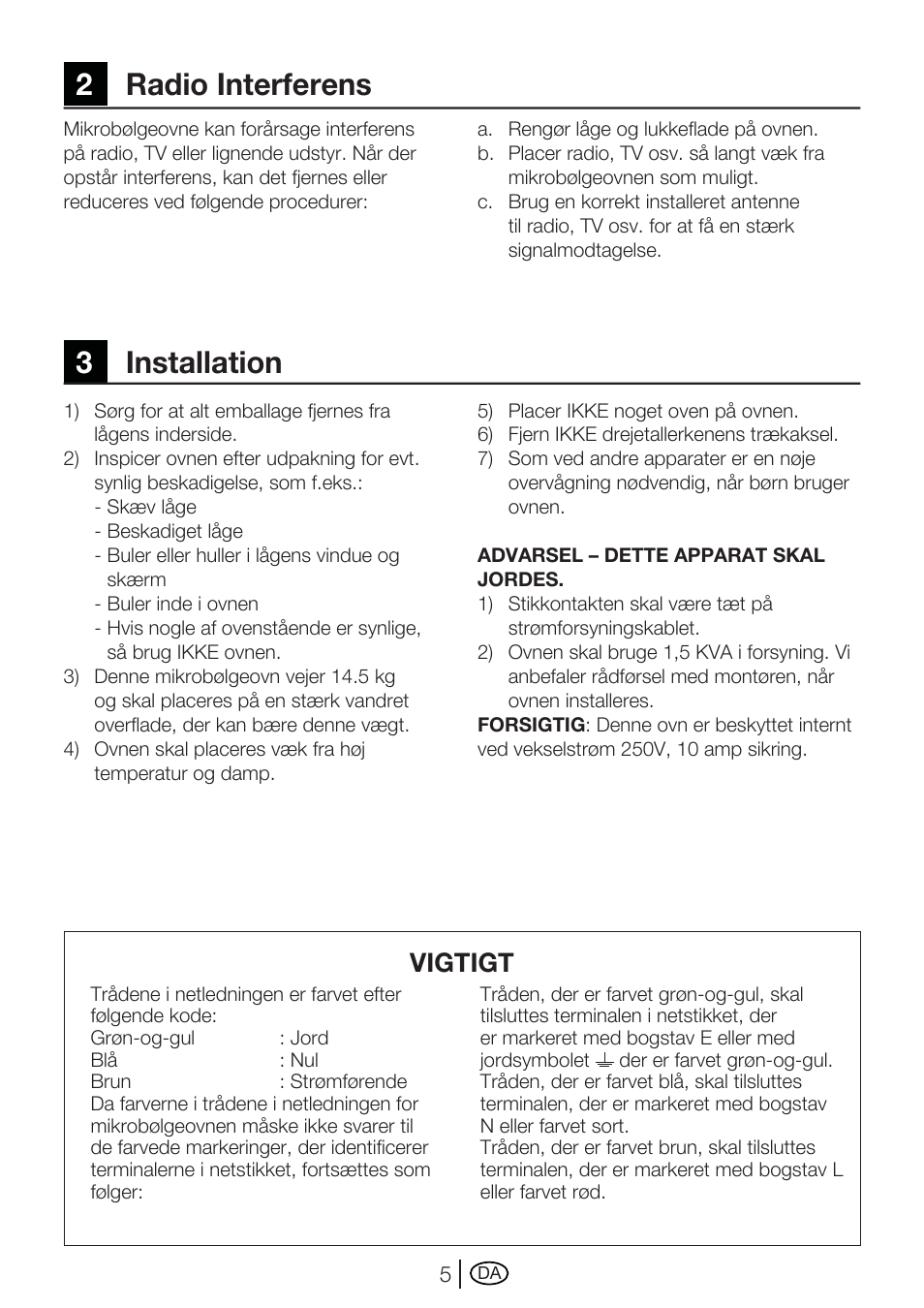 2radio interferens 3 installation, Vigtigt | Blomberg MEE 3150 X User Manual | Page 5 / 140
