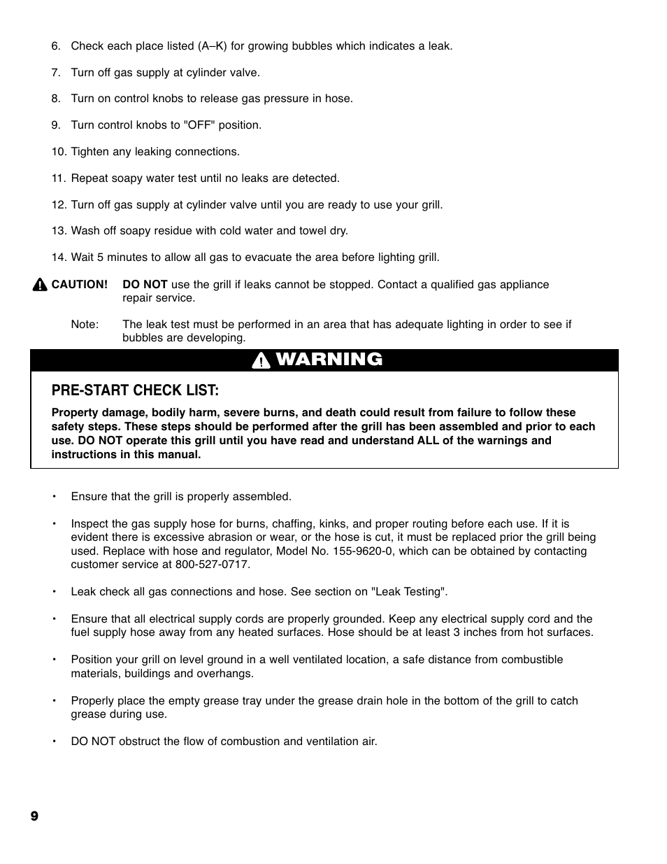 Warning, Pre-start check list | Brinkmann PRO SERIES 9620 User Manual | Page 10 / 64