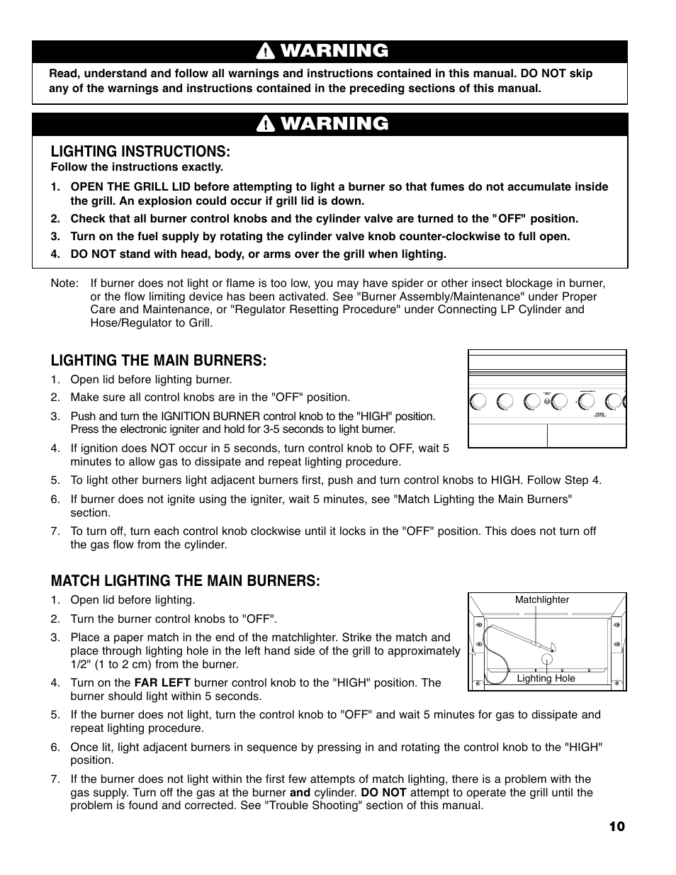 Warning, Lighting instructions, Lighting the main burners | Match lighting the main burners | Brinkmann PRO SERIES 9620 User Manual | Page 11 / 64