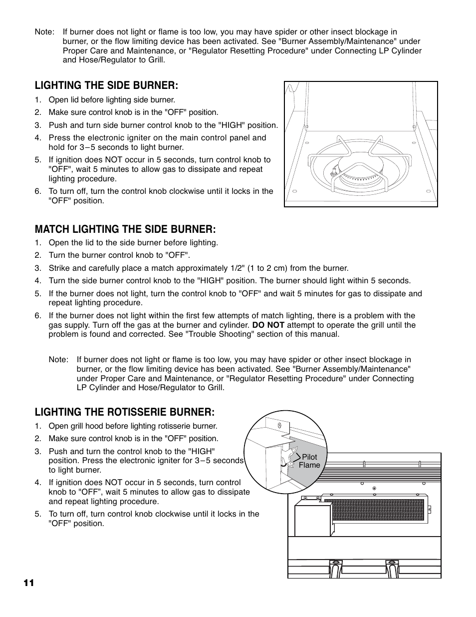 Lighting the side burner, Match lighting the side burner, Lighting the rotisserie burner | Brinkmann PRO SERIES 9620 User Manual | Page 12 / 64