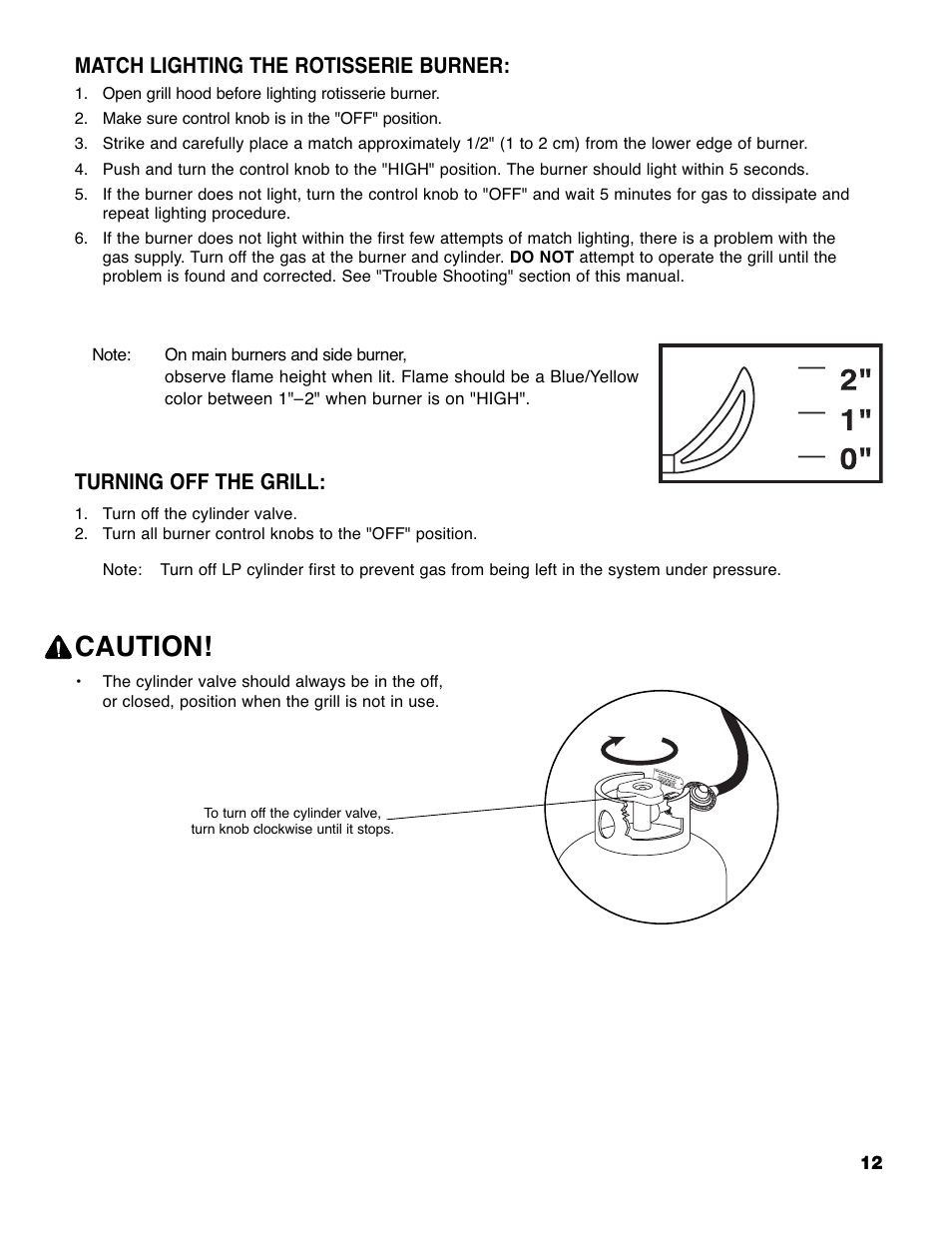 Caution, Match lighting the rotisserie burner, Turning off the grill | Brinkmann PRO SERIES 9620 User Manual | Page 13 / 64