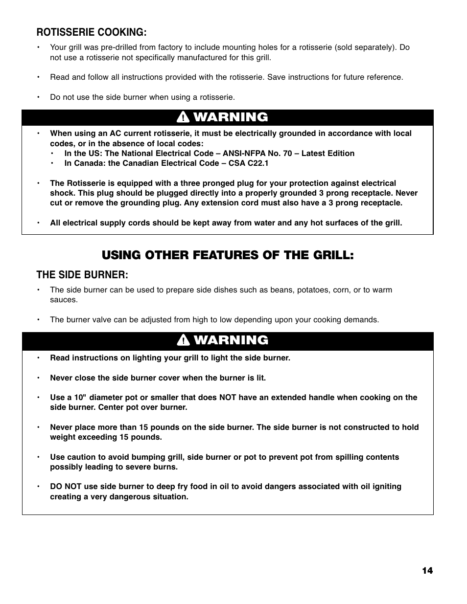 Warning, Using other features of the grill, Rotisserie cooking | The side burner | Brinkmann PRO SERIES 9620 User Manual | Page 15 / 64