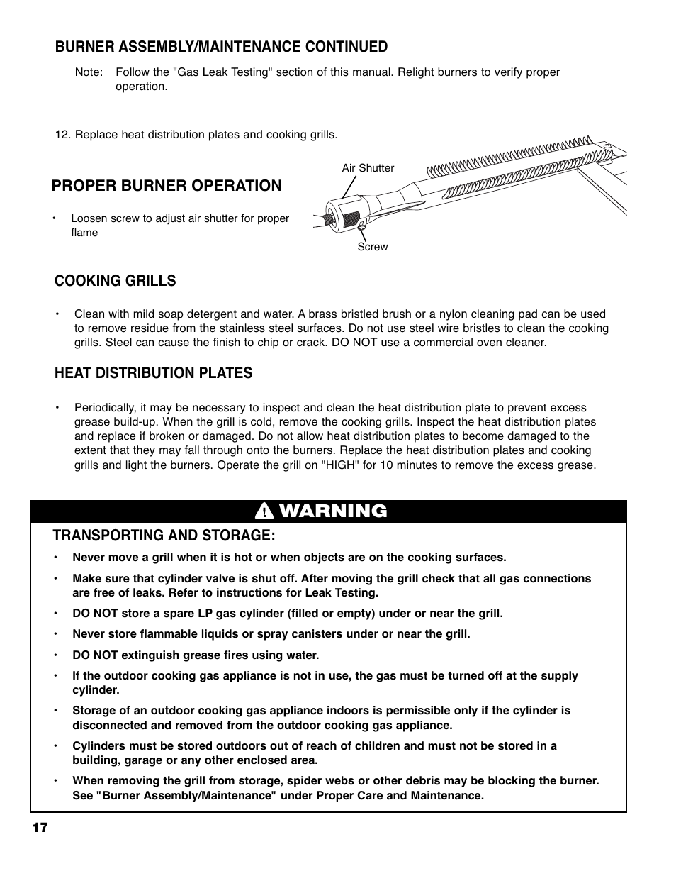 Warning, Transporting and storage, Cooking grills | Heat distribution plates, Burner assembly/maintenance continued, Proper burner operation | Brinkmann PRO SERIES 9620 User Manual | Page 18 / 64