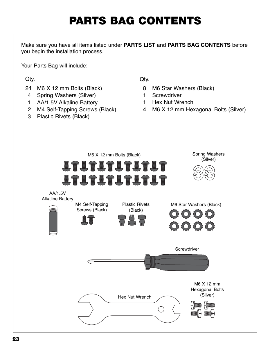 Parts bag contents | Brinkmann PRO SERIES 9620 User Manual | Page 24 / 64