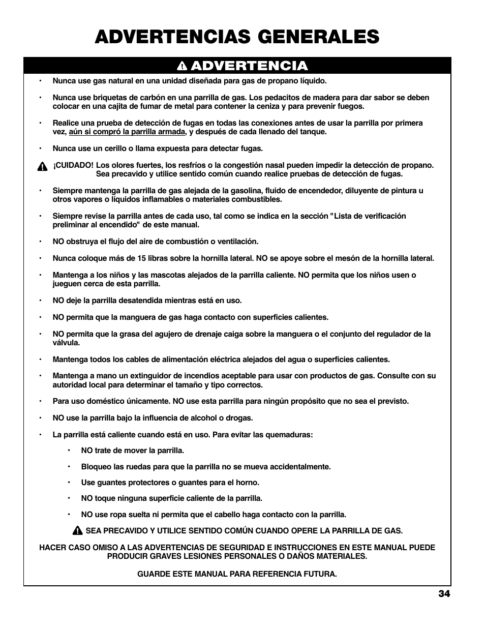 Advertencias generales, Advertencia | Brinkmann PRO SERIES 9620 User Manual | Page 35 / 64