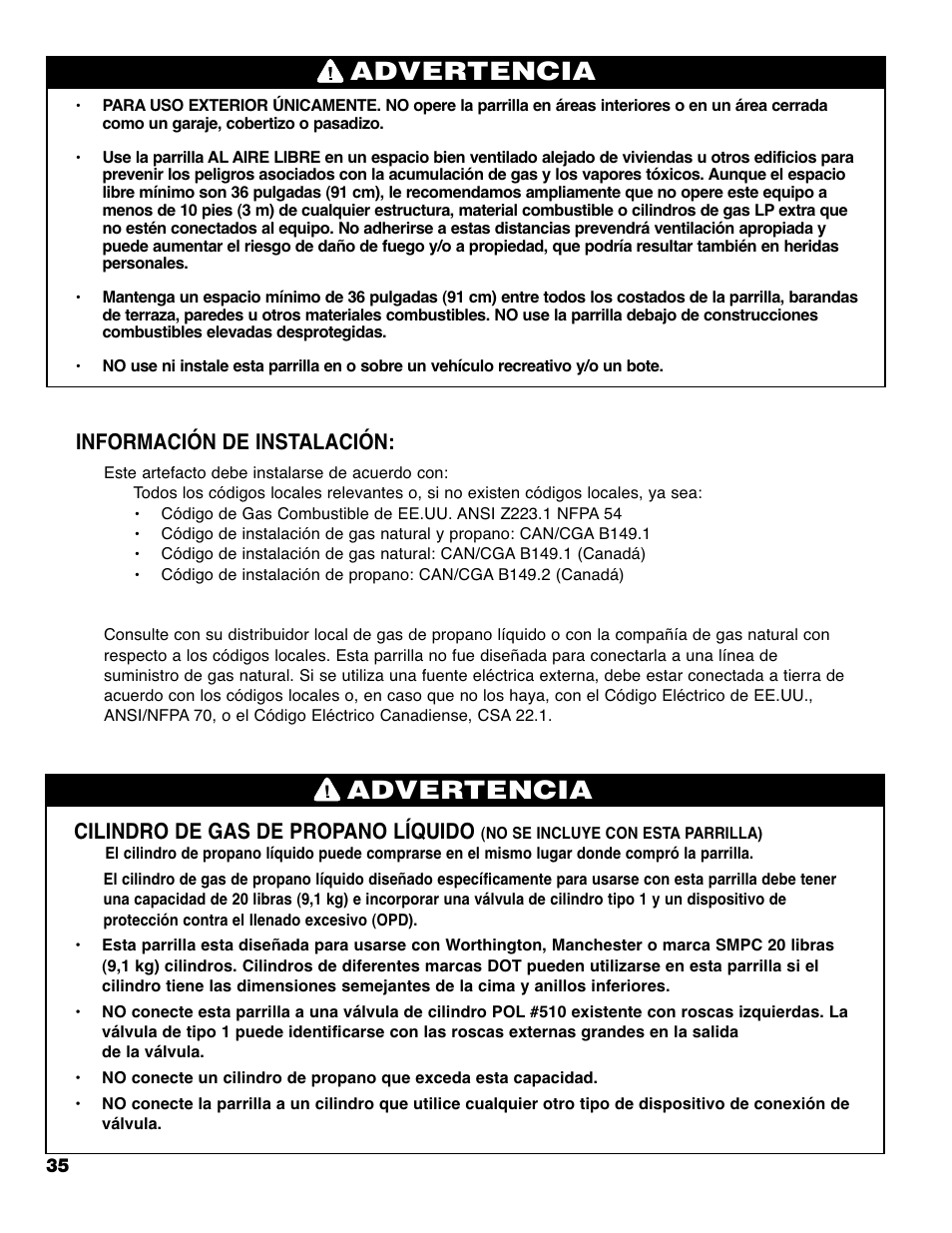 Advertencia, Información de instalación, Cilindro de gas de propano líquido | Brinkmann PRO SERIES 9620 User Manual | Page 36 / 64