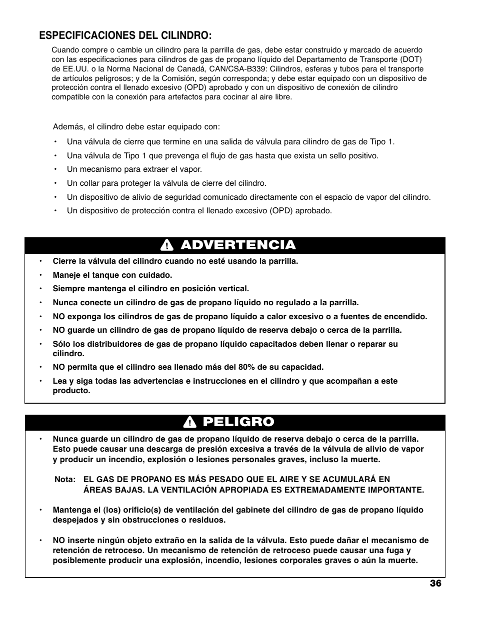 Advertencia peligro, Especificaciones del cilindro | Brinkmann PRO SERIES 9620 User Manual | Page 37 / 64