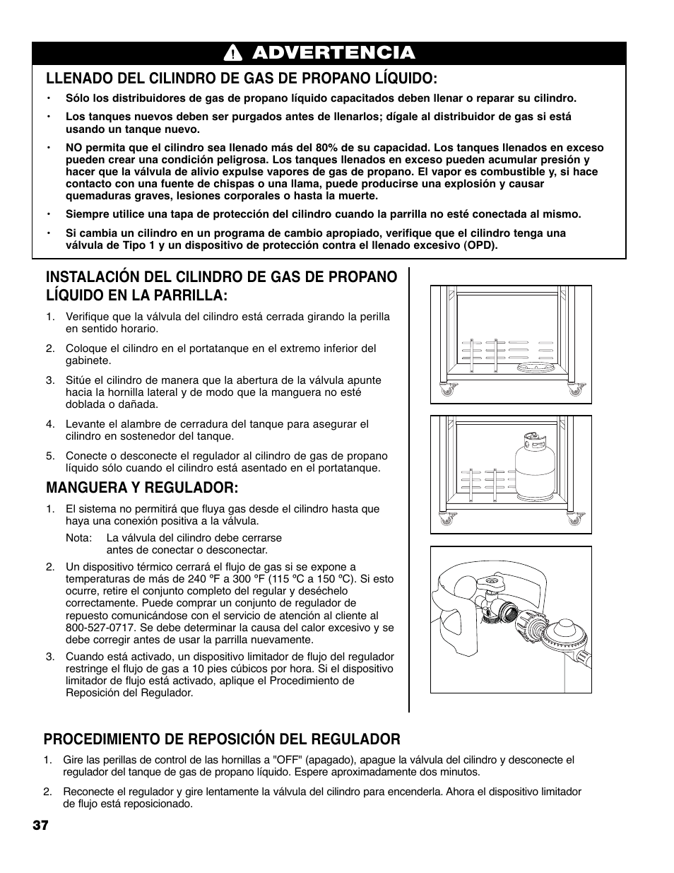 Advertencia, Llenado del cilindro de gas de propano líquido, Manguera y regulador | Procedimiento de reposición del regulador | Brinkmann PRO SERIES 9620 User Manual | Page 38 / 64