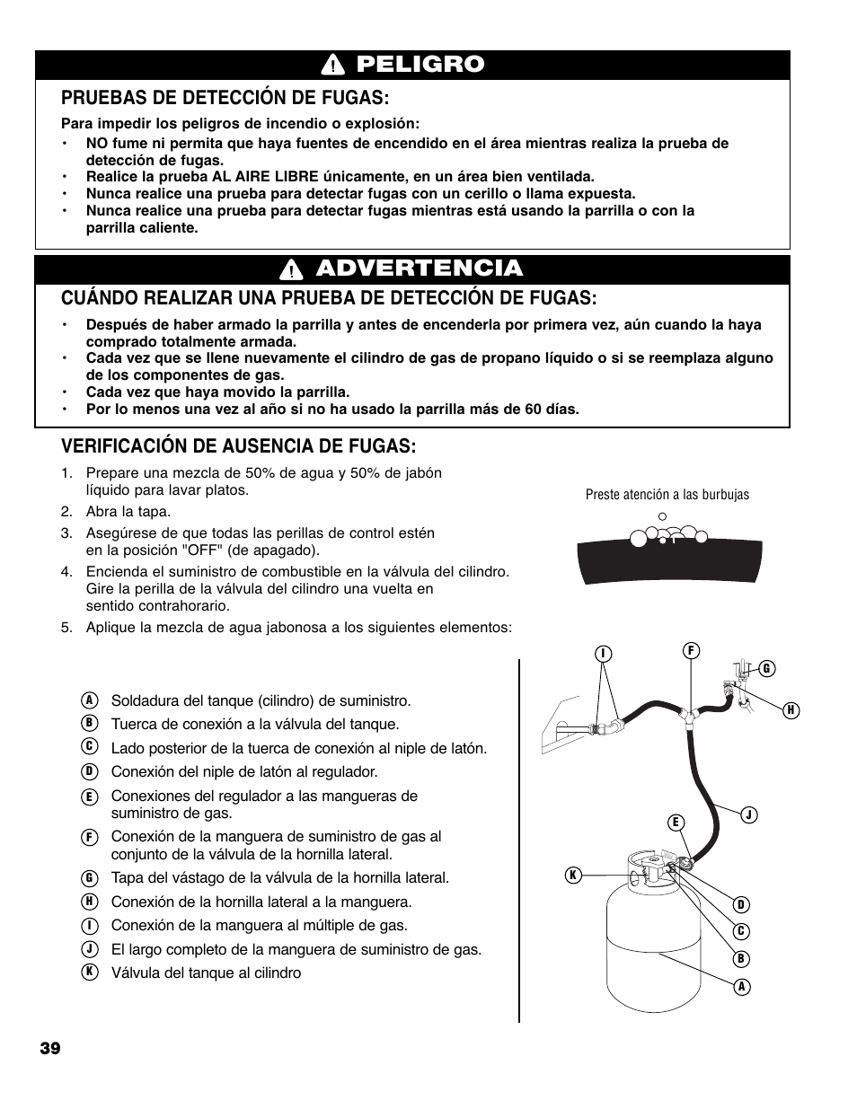 Advertencia peligro, Pruebas de detección de fugas, Cuándo realizar una prueba de detección de fugas | Verificación de ausencia de fugas | Brinkmann PRO SERIES 9620 User Manual | Page 40 / 64