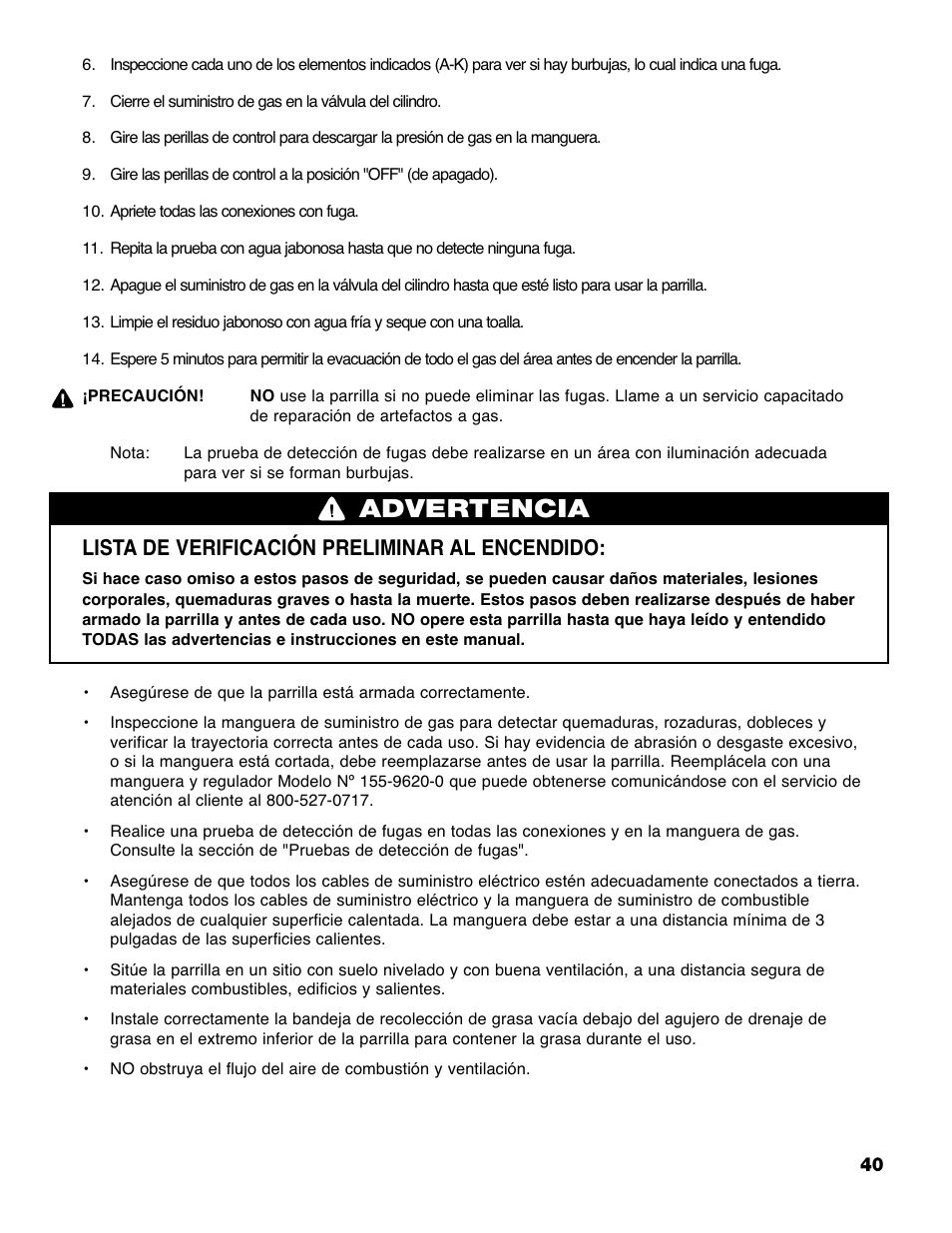 Advertencia, Lista de verificación preliminar al encendido | Brinkmann PRO SERIES 9620 User Manual | Page 41 / 64