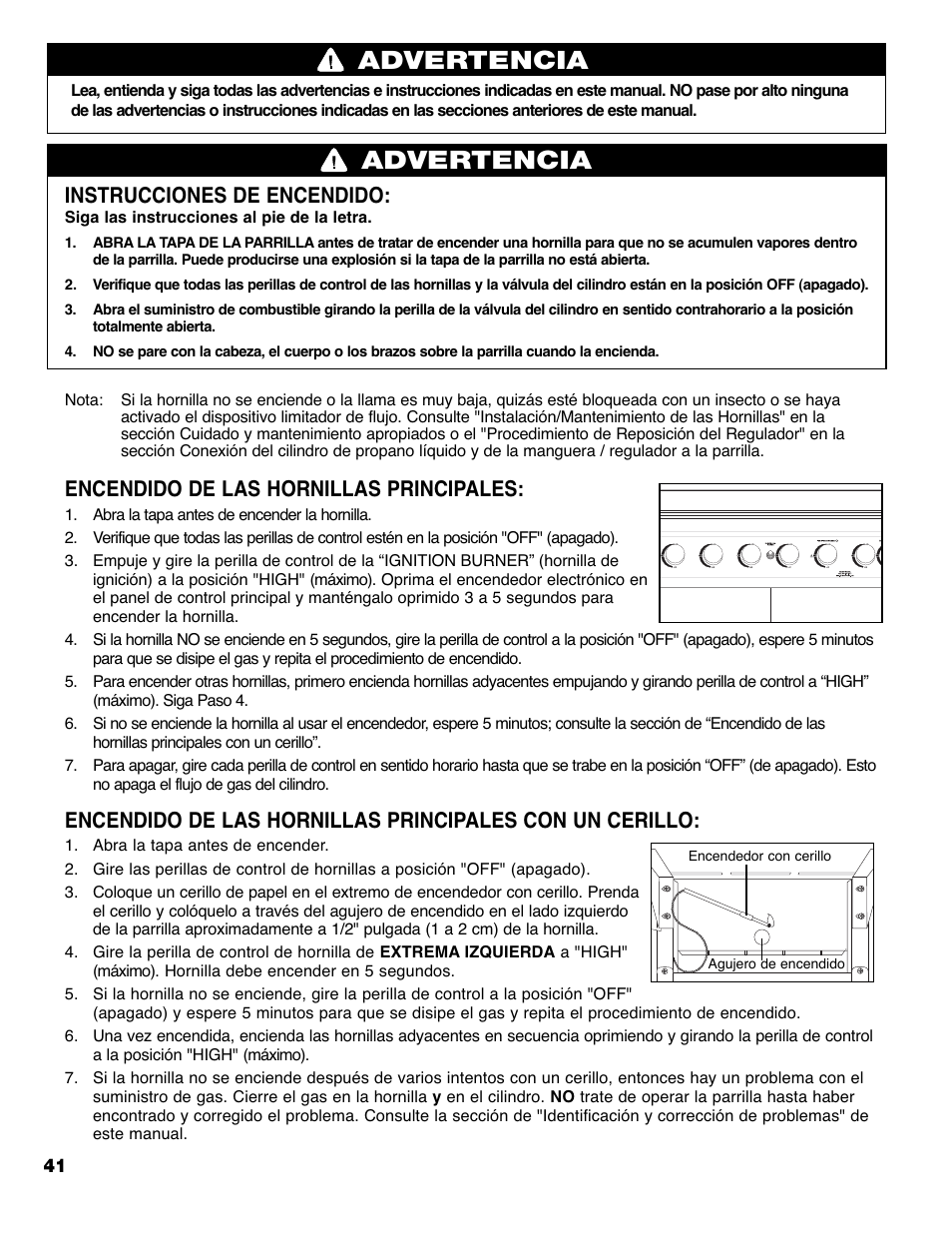 Advertencia, Instrucciones de encendido, Encendido de las hornillas principales | Brinkmann PRO SERIES 9620 User Manual | Page 42 / 64