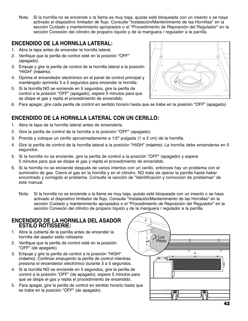 Encendido de la hornilla lateral, Encendido de la hornilla lateral con un cerillo | Brinkmann PRO SERIES 9620 User Manual | Page 43 / 64