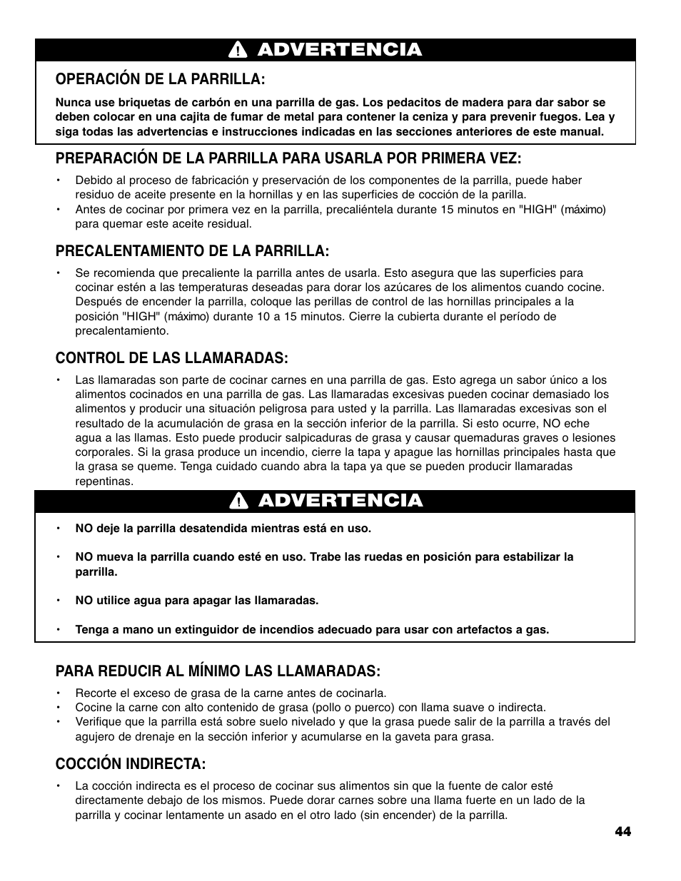 Advertencia, Operación de la parrilla, Precalentamiento de la parrilla | Control de las llamaradas, Para reducir al mínimo las llamaradas, Cocción indirecta | Brinkmann PRO SERIES 9620 User Manual | Page 45 / 64