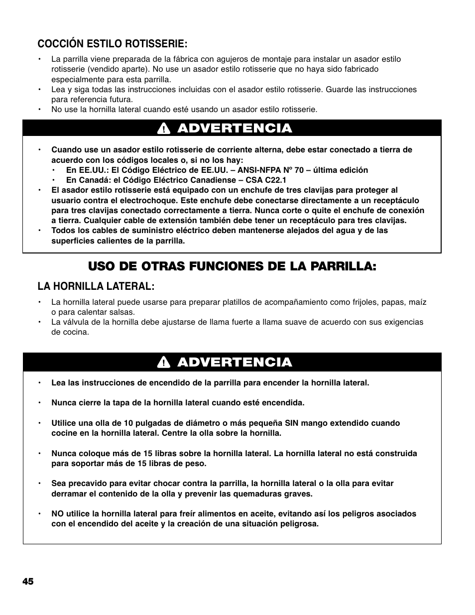 Advertencia, Uso de otras funciones de la parrilla, Cocción estilo rotisserie | La hornilla lateral | Brinkmann PRO SERIES 9620 User Manual | Page 46 / 64