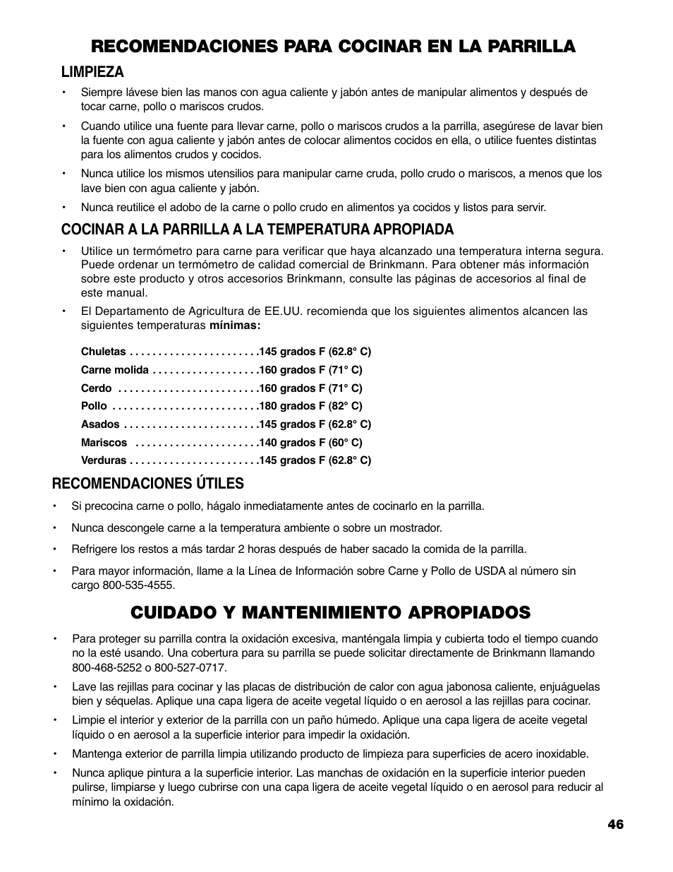 Recomendaciones para cocinar en la parrilla, Cuidado y mantenimiento apropiados, Limpieza | Cocinar a la parrilla a la temperatura apropiada, Recomendaciones útiles | Brinkmann PRO SERIES 9620 User Manual | Page 47 / 64