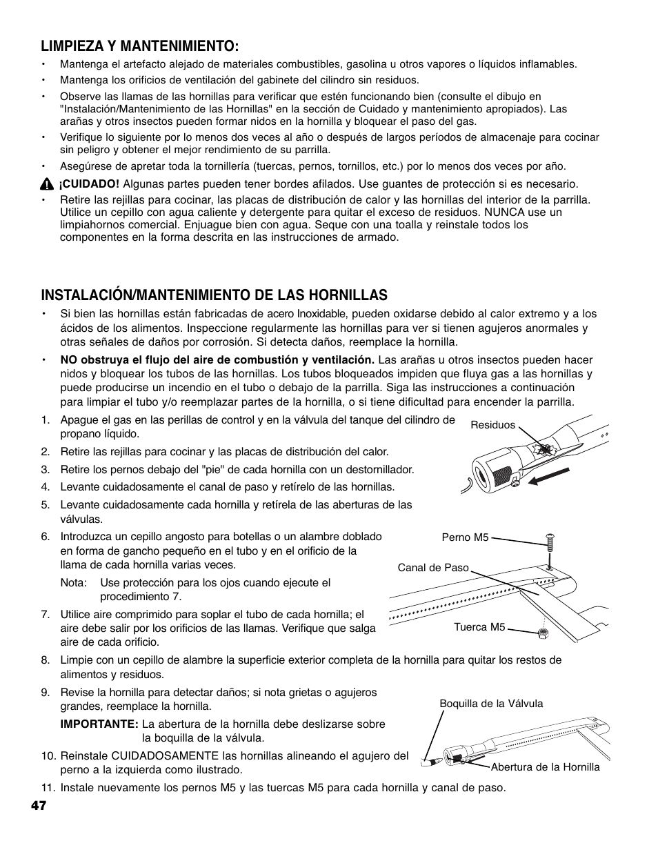 Limpieza y mantenimiento, Instalación/mantenimiento de las hornillas | Brinkmann PRO SERIES 9620 User Manual | Page 48 / 64