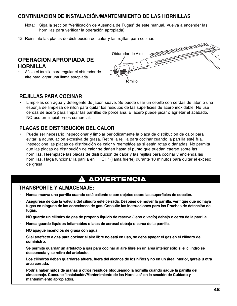 Advertencia, Transporte y almacenaje, Rejillas para cocinar | Placas de distribución del calor, Operacion apropiada de hornilla | Brinkmann PRO SERIES 9620 User Manual | Page 49 / 64