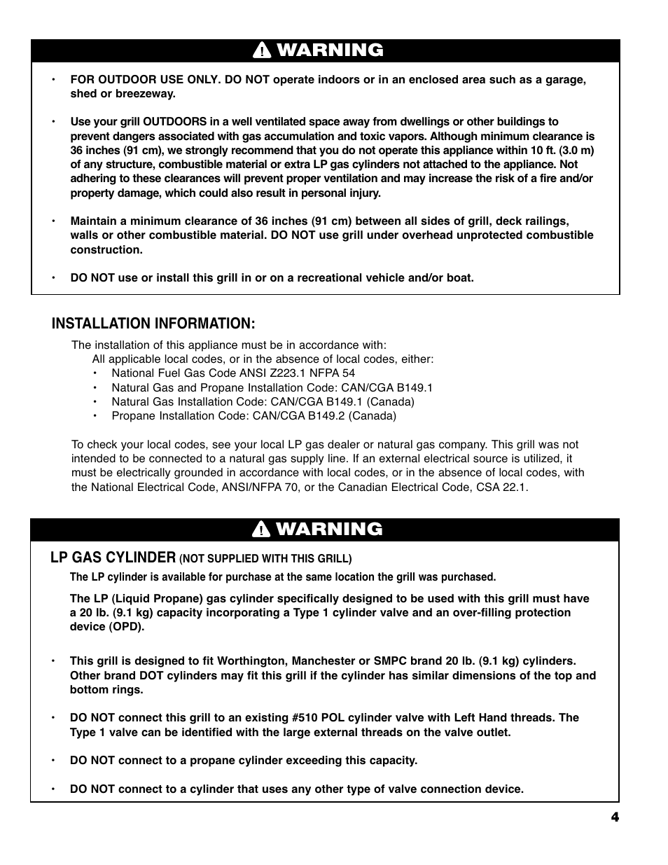 Warning, Installation information, Lp gas cylinder | Brinkmann PRO SERIES 9620 User Manual | Page 5 / 64