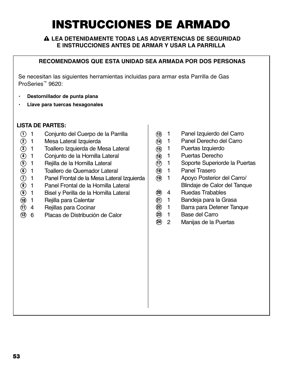 Instrucciones de armado | Brinkmann PRO SERIES 9620 User Manual | Page 54 / 64