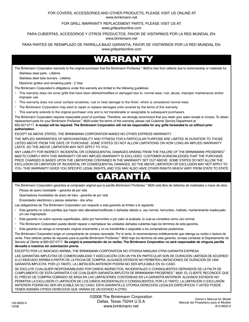 Warranty garantía | Brinkmann PRO SERIES 9620 User Manual | Page 64 / 64