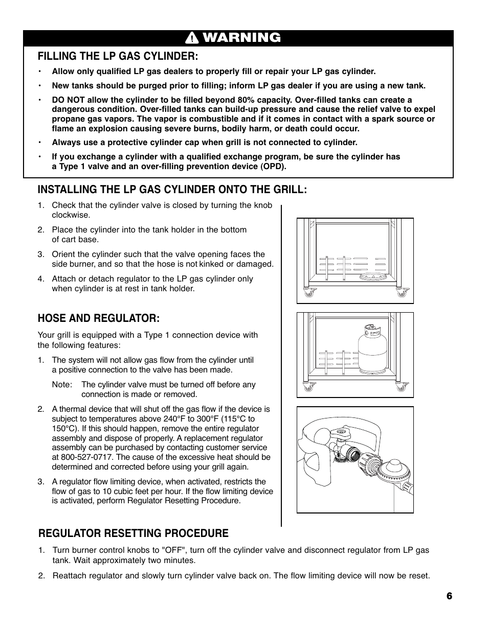 Warning, Filling the lp gas cylinder, Installing the lp gas cylinder onto the grill | Hose and regulator, Regulator resetting procedure | Brinkmann PRO SERIES 9620 User Manual | Page 7 / 64