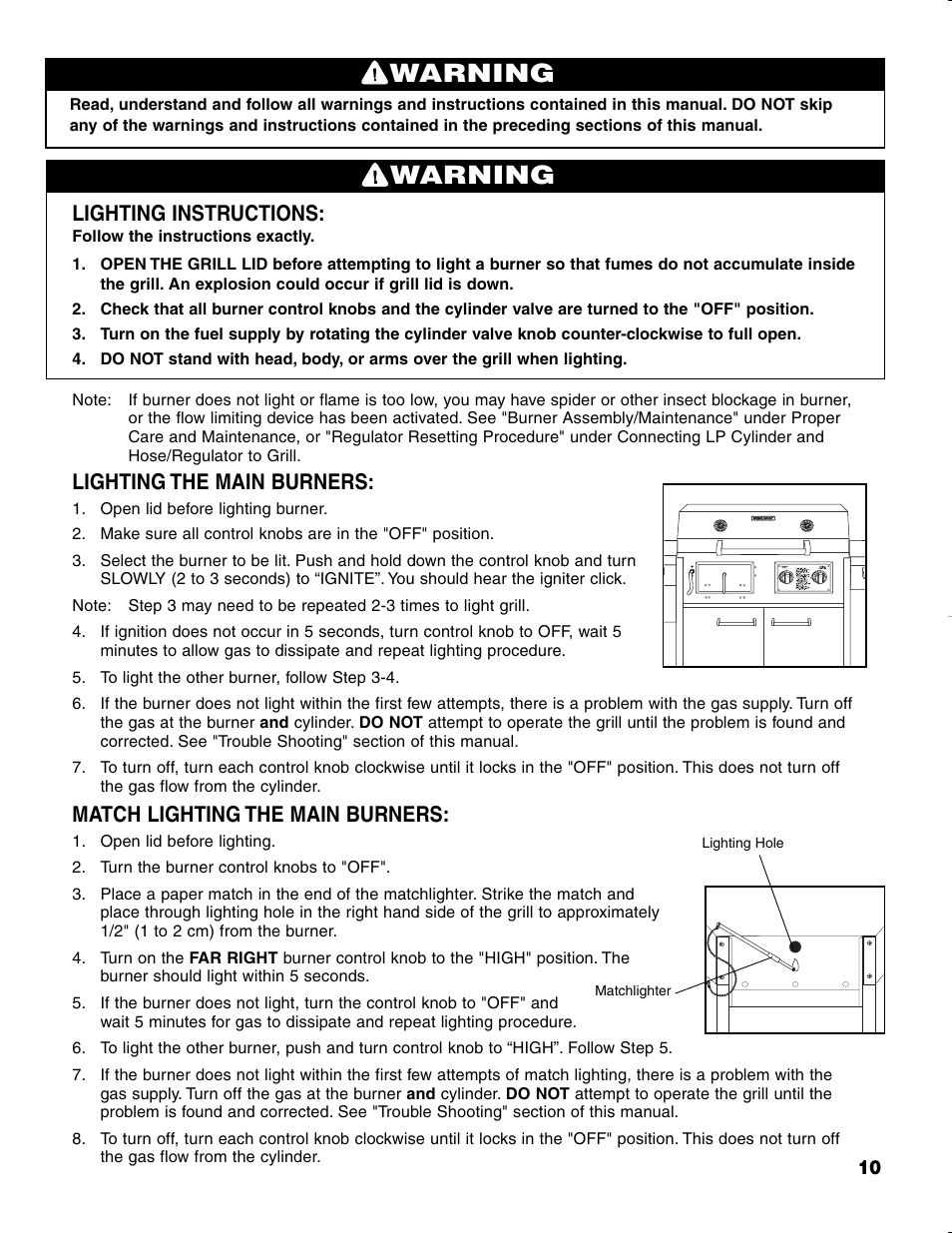 Warning, Lighting instructions, Lighting the main burners | Match lighting the main burners | Brinkmann CHARCOAL SMOKER CHARCOAL GRILL User Manual | Page 11 / 72